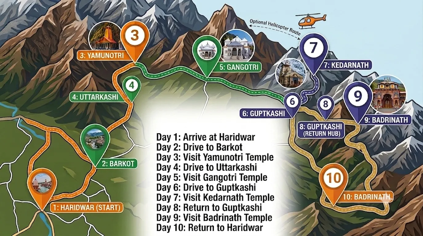 Char Dham Yatra Route. Itinerary